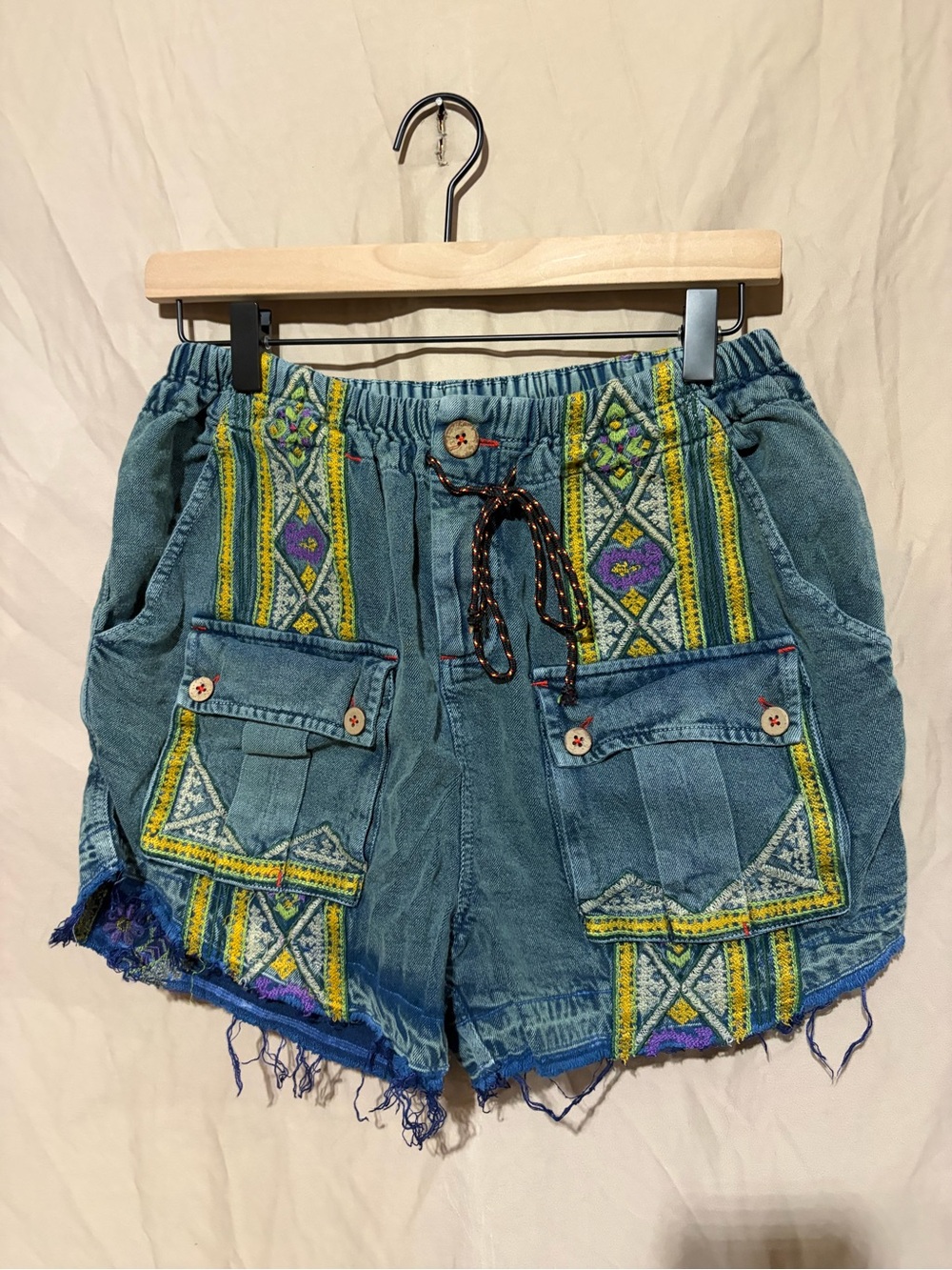 Free People Denim Embroidered Blue Shorts with Yellow & Purple Accents